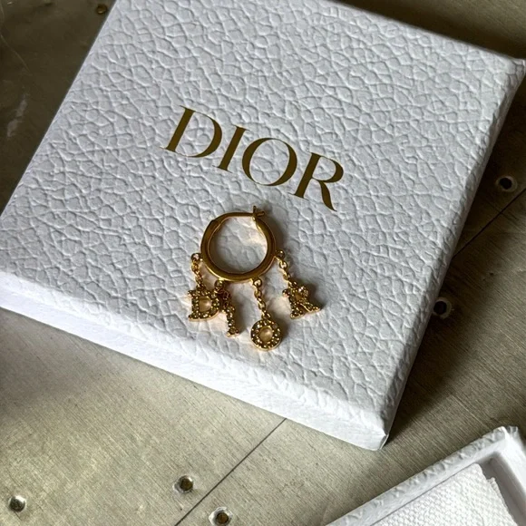 Christian Dior gold crystal drop logo earrings with box and pouch - Picture 7 of 7